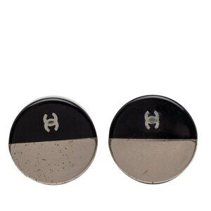 Chanel CC Logo Bicolor Black Silver Metal Enamel Earrings